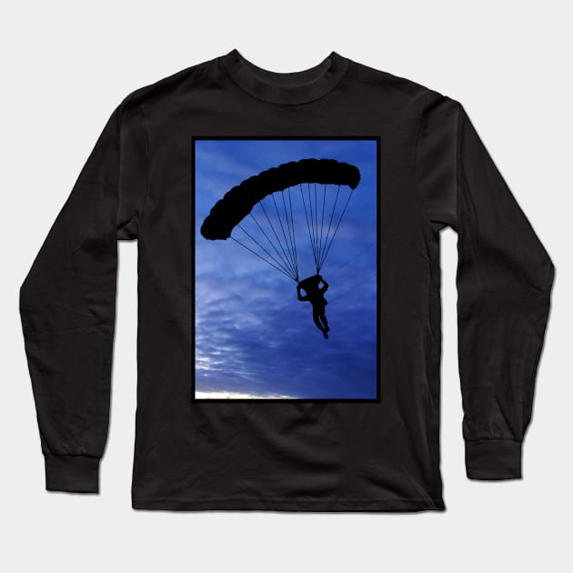 Parachuter Silhouette in Beautiful Blue Sky with a Black Border Long Sleeve T-Shirt by Blue Butterfly Designs 